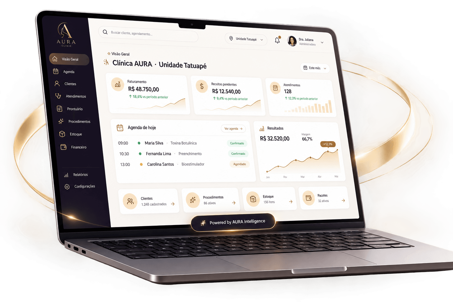 Dashboard do AURA Clinic em um notebook